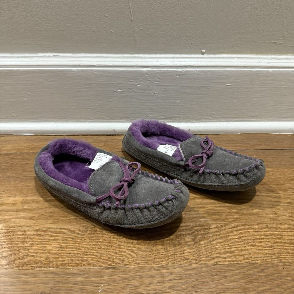 L.L. BEAN WINTER SUEDE SHEEPSKIN GRAY/PURPLE COZY MOCCASINS GIRLS SIZE 4